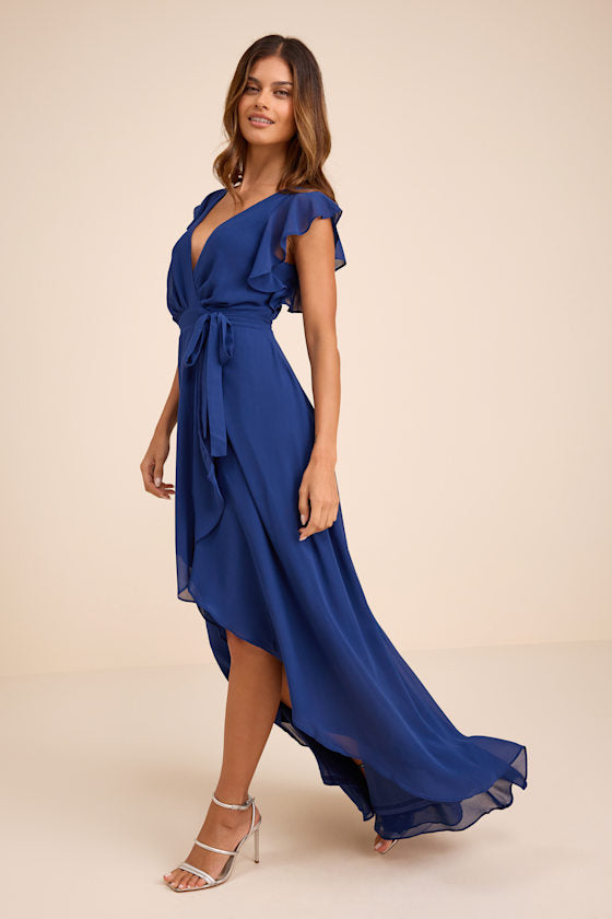 Ravishing Charm Dark Blue Ruffled Wrap High-Low Maxi Dress #Color_Dark Blue