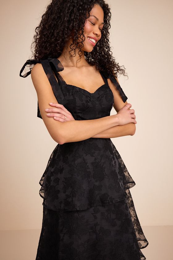 Glamorous Sweetie Black Burnout Tie-Strap Bustier Midi Dress #Color_Black