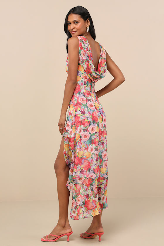 Laraline Red Multi Floral Ruffled Cowl Back Maxi Dress #Color_Red Multi Floral