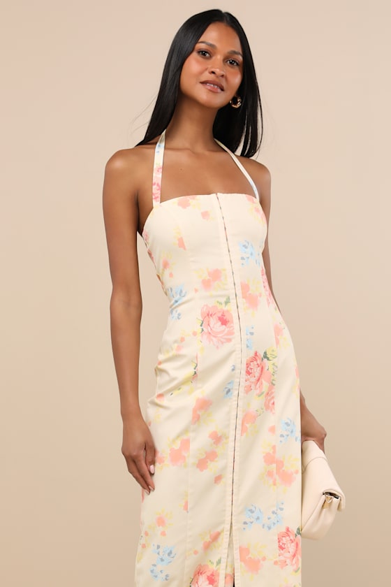 Arrosa Light Yellow Floral Halter Midi Dress #Color_Light Yellow Floral