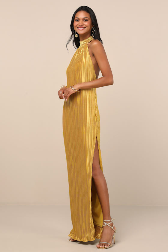 Gwenny Lime Green Satin Plisse Maxi Dress