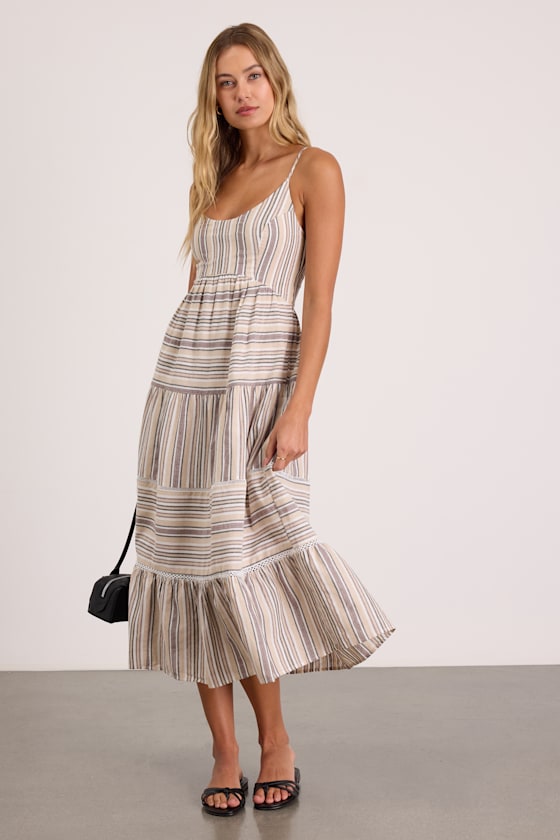 Journi Green Multi Striped Tiered Midi Dress