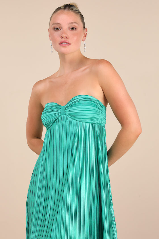 Whimsical Beauty Black Satin Plisse Strapless Maxi Dress
