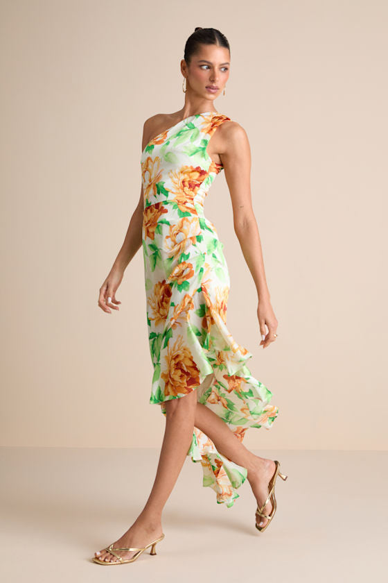 Divinely Blooming Pink Multi Floral One-Shoulder Midi Dress