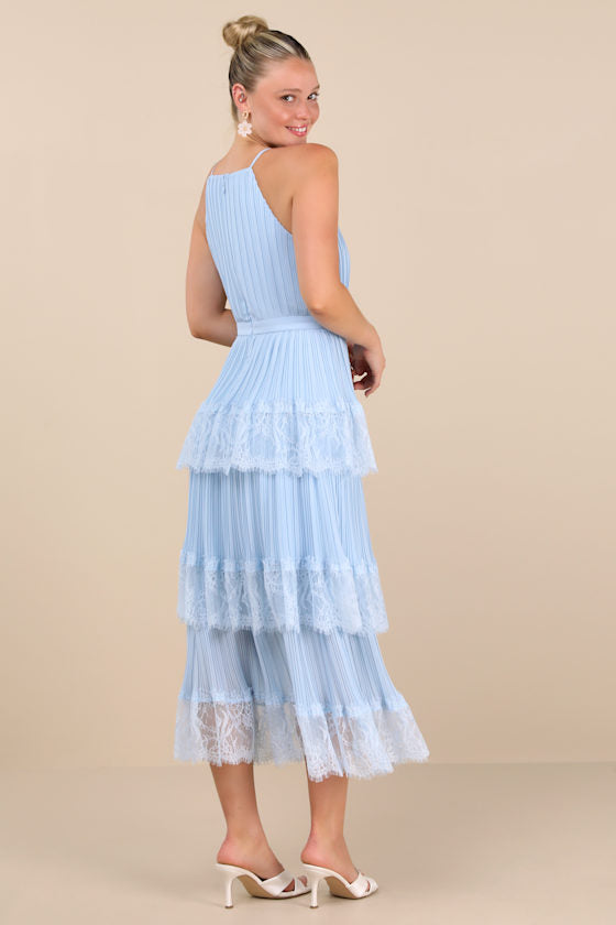 Came For Cocktails Sage Green Pleated Tiered Lace Maxi Dress