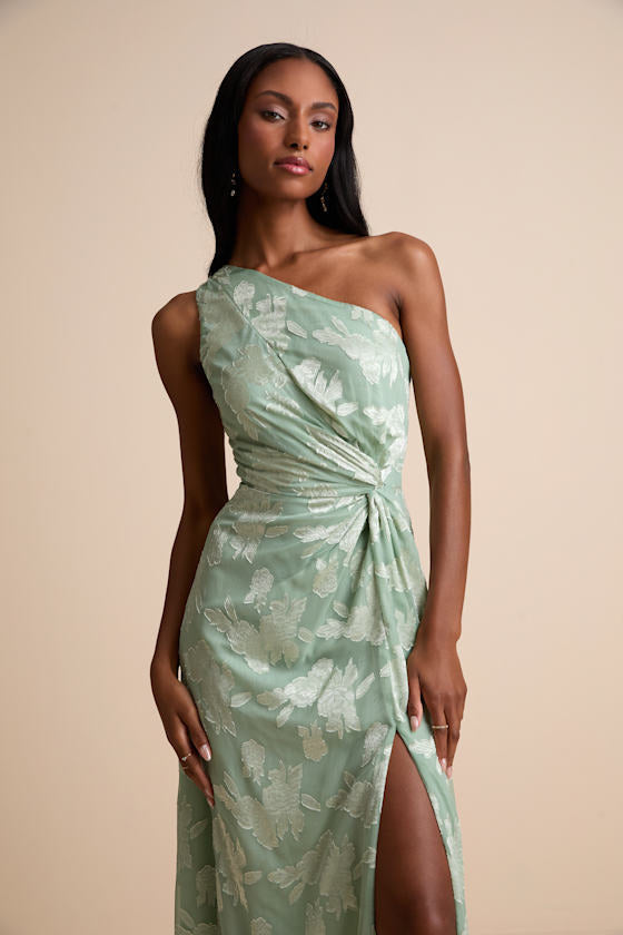 Renni Sage Green Floral Jacquard One-Shoulder Maxi Dress #Color_Sage Green