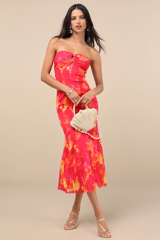Islay Hot Pink Floral Abstract Mesh Strapless Midi Dress #Color_Hot Pink Floral Abstract