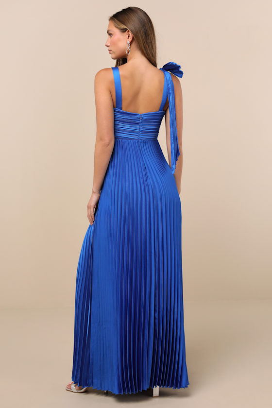Gorgeous Purpose Navy Floral Pleated Sleeveless Bow Maxi Dress