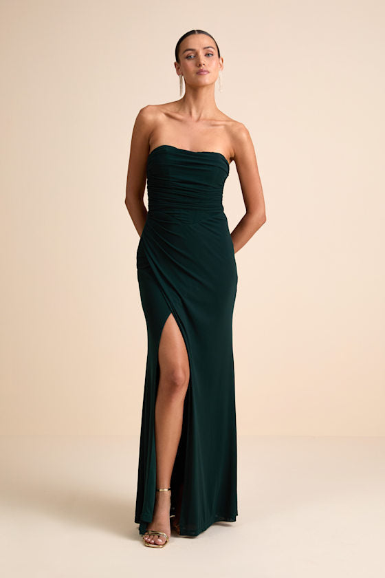 Epitome of Allure Brown Mesh Strapless Ruched Maxi Dress
