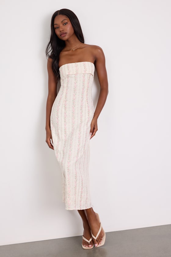 Cosetta Ivory Floral Strapless Midi Dress #Color_Ivory Floral