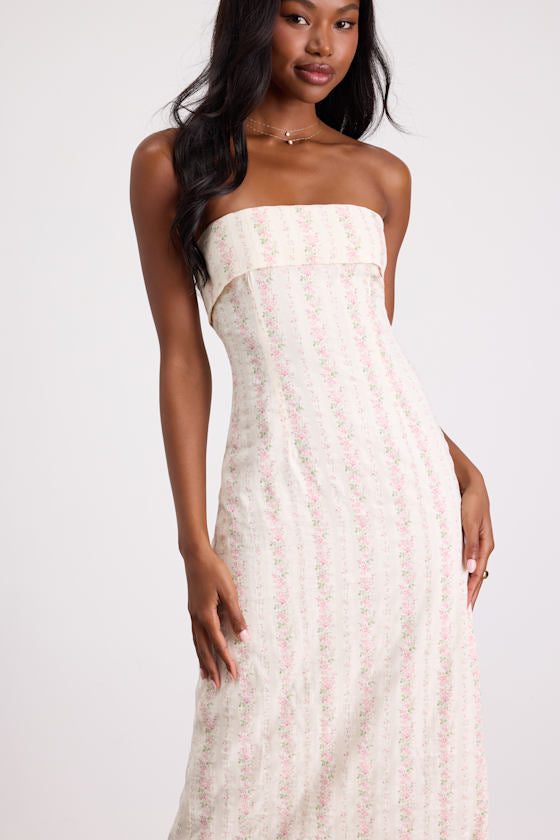 Cosetta Ivory Floral Strapless Midi Dress #Color_Ivory Floral