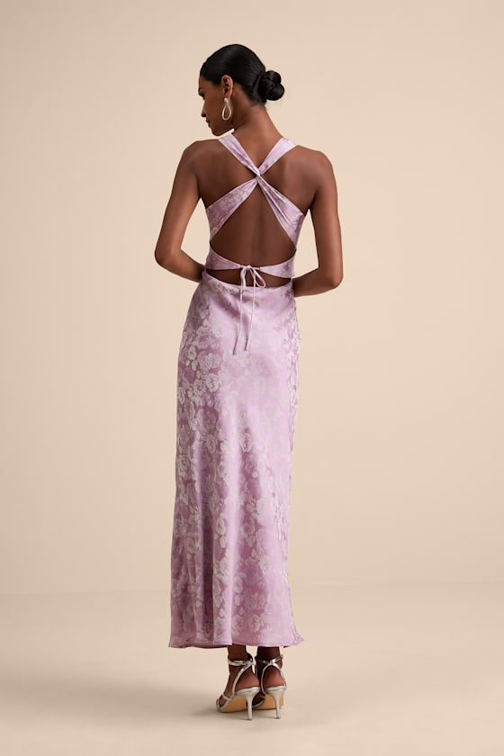 Liliya Lavender Satin Jacquard Backless Maxi Dress #Color_Lavender