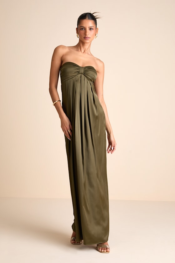 Memorable Entrance Olive Green Strapless Satin Maxi Dress #Color_Olive Green
