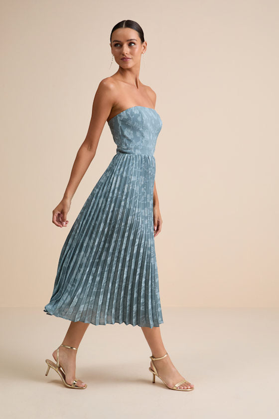 Perfectly Stunning Navy Jacquard Strapless Midi Dress