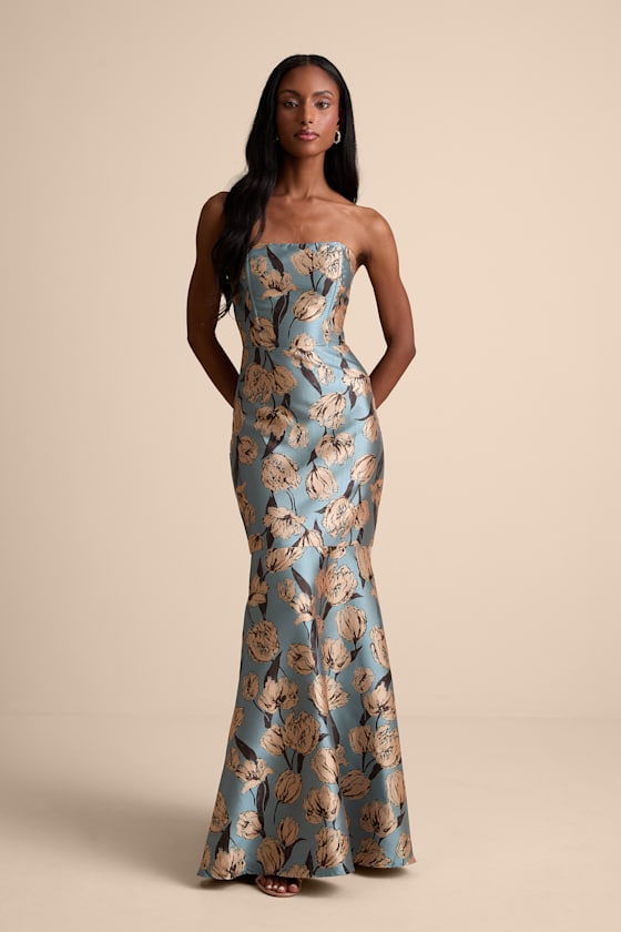 Gowning Around Slate Blue Floral Jacquard Strapless Maxi Dress #Color_Slate Blue