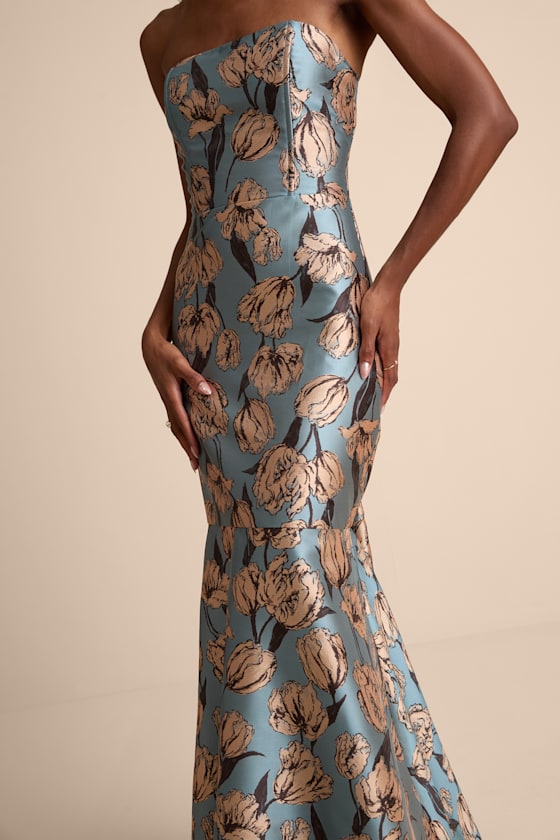 Gowning Around Slate Blue Floral Jacquard Strapless Maxi Dress #Color_Slate Blue
