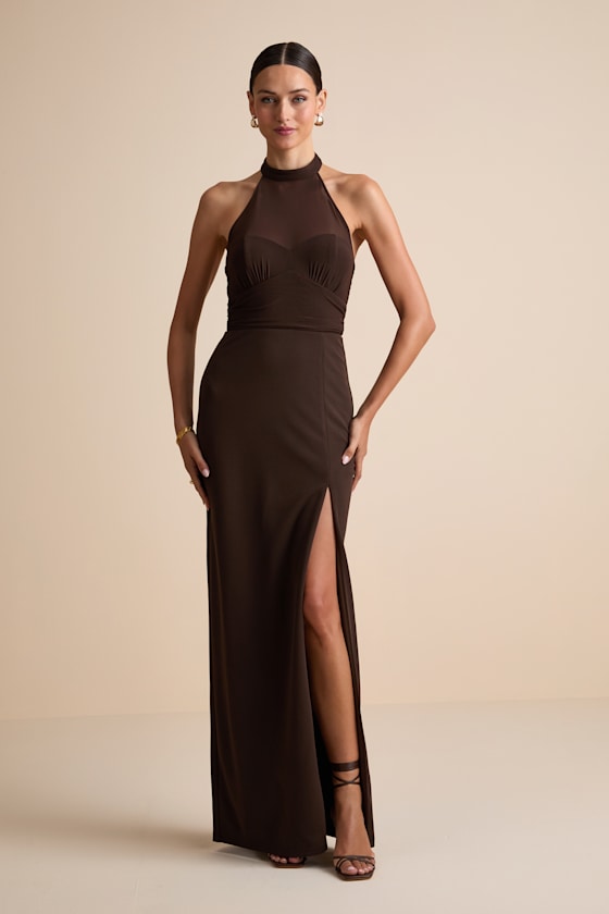 Baani Dark Brown Column Halter Maxi Dress #Color_Dark Brown