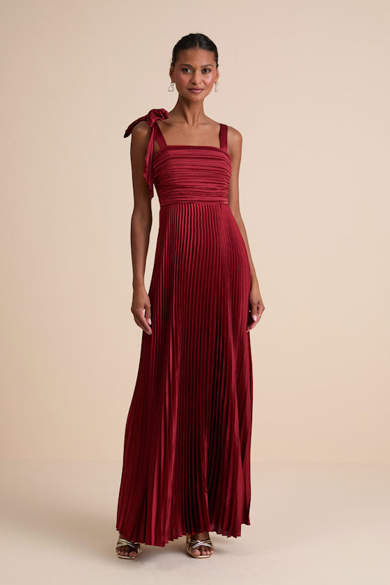 Gorgeous Purpose Slate Satin Pleated Sleeveless Bow Maxi Dress