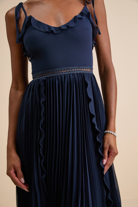 Never a Dull Moment Black Tie-Strap Pleated Midi Dress