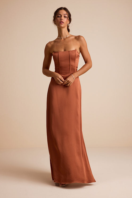 Extraordinary Presence Rust Brown Satin Strapless Maxi Dress #Color_Rust Brown