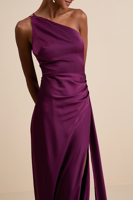 Signature Elegance Slate Blue Satin One-Shoulder Maxi Dress