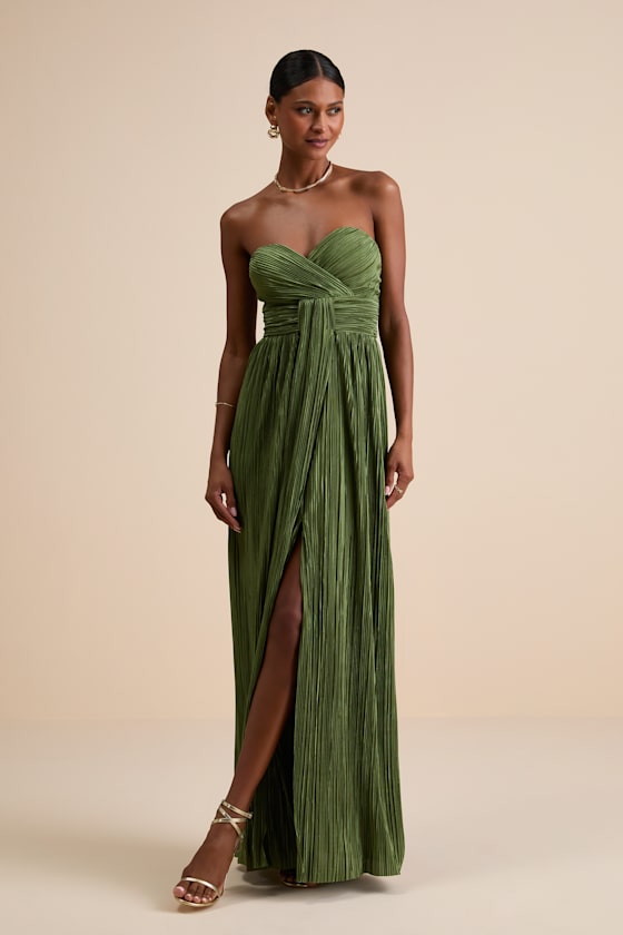 Oswin Light Blue Satin Plisse Strapless Maxi Dress