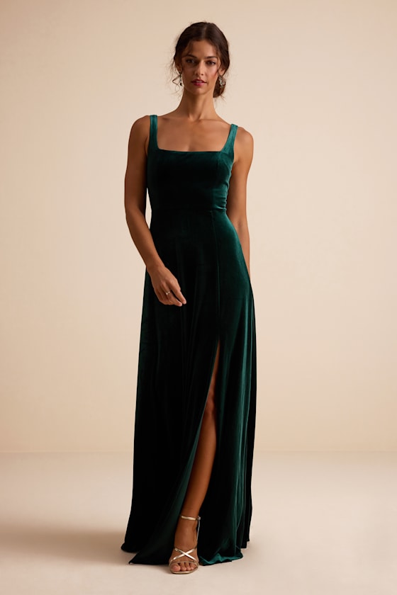 Graceful Invite Emerald Velvet Square Neck Lace-Up Maxi Dress #Color_Emerald