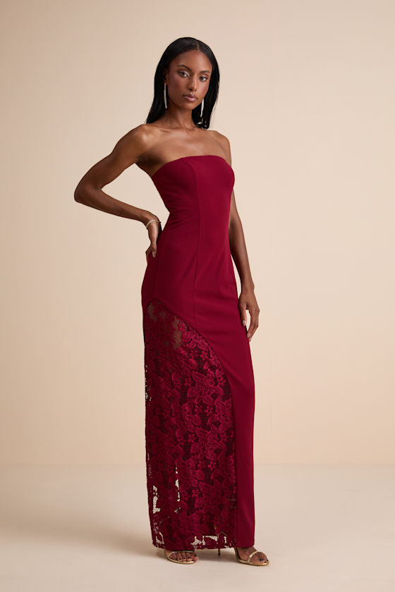 Irresistible Attitude Red Strapless Lace Column Maxi Dress #Color_Red