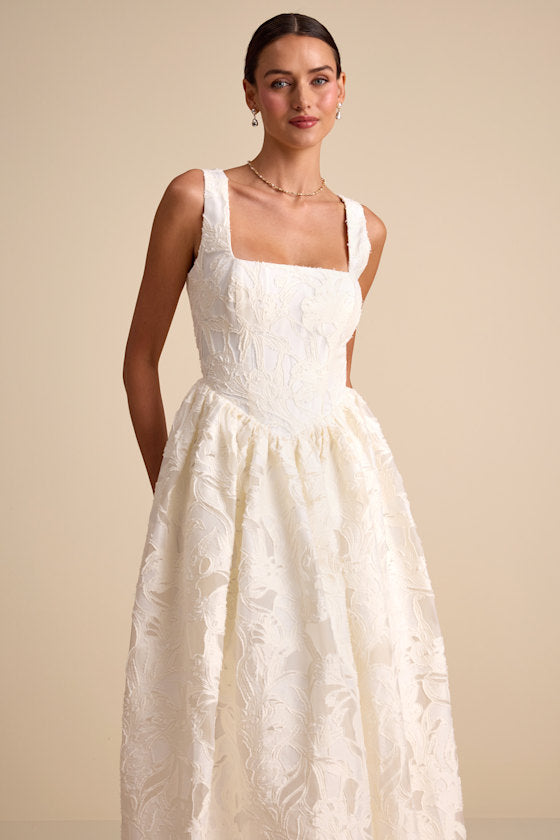 Corsen Ivory Floral Jacquard Corset A-Line Maxi Dress #Color_Ivory