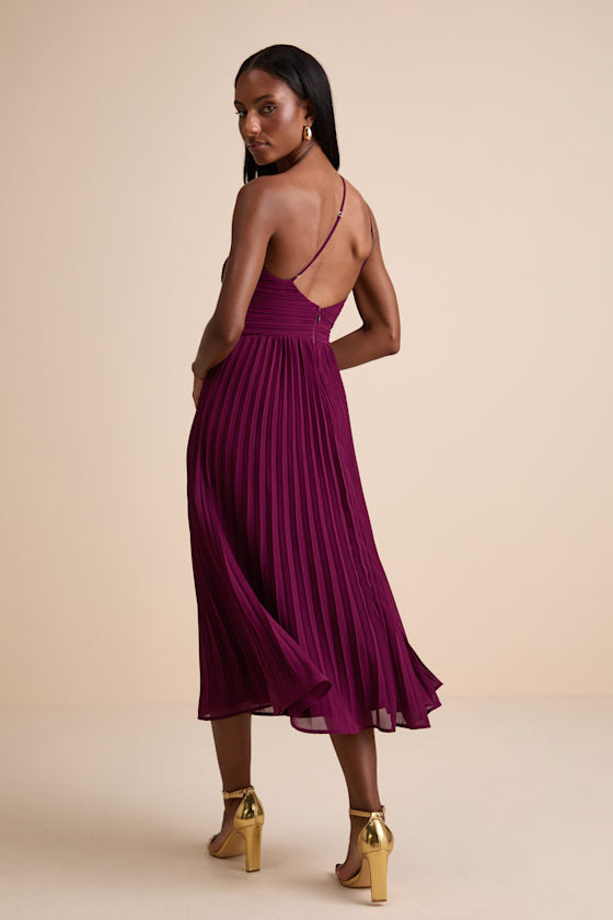 Wondrous Muse Rusty Rose Pleated One-Shoulder Midi Dress