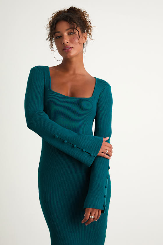 Classy Attitude Burgundy Ribbed Square Neck Midi Sweater Dress