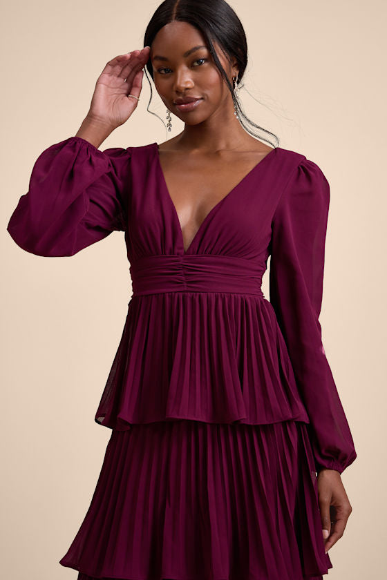 Graceful Finesse Black Pleated Long Sleeve Maxi Dress