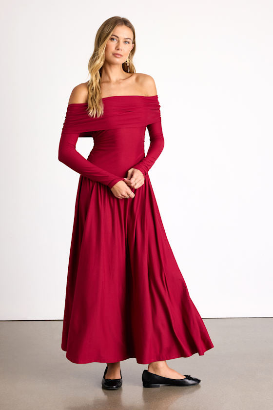 Sescca Wine Red Off-the-Shoulder Jersey Knit Maxi Dress #Color_Wine Red