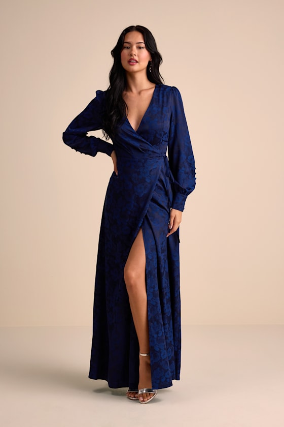 Maryn Navy Satin Jacquard Wrap Maxi Dress #Color_Navy