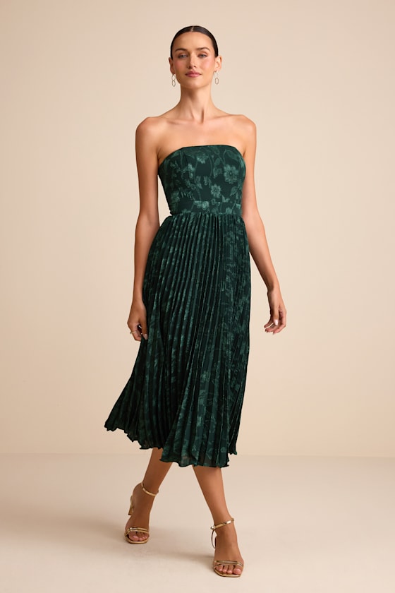 Perfectly Stunning Navy Jacquard Strapless Midi Dress
