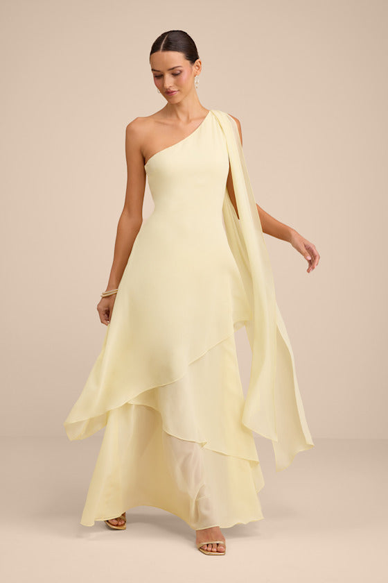 Camellia Light Yellow One-Shoulder Bow Maxi Dress #Color_Light Yellow