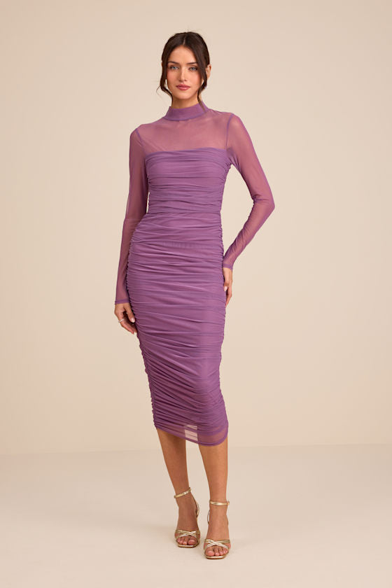 Impressive Flirt Plum Floral Mesh Ruched Mock Neck Midi Dress