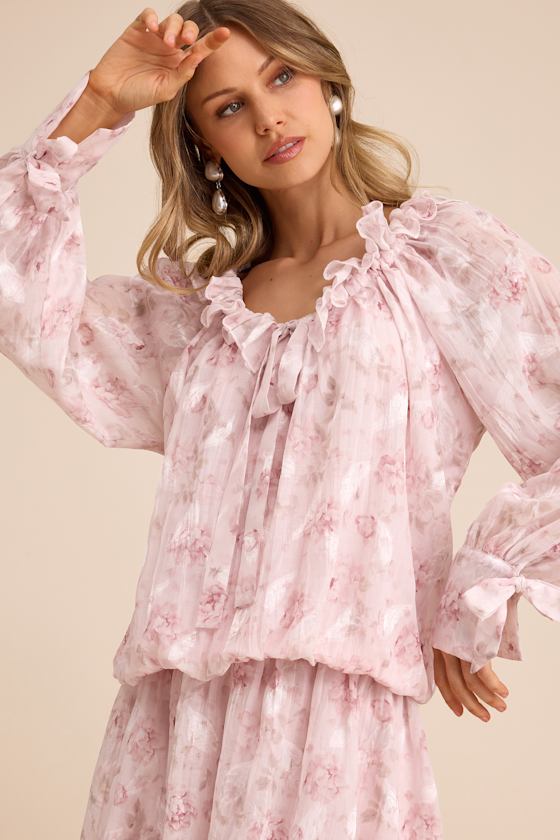 Marcia Blush Pink Floral Ruffled Drop Waist Mini Dress #Color_Blush Pink Floral