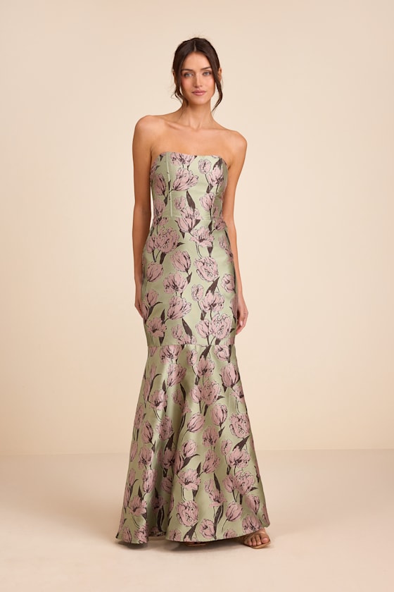 Gowning Around Yellow Floral Jacquard Strapless Maxi Dress
