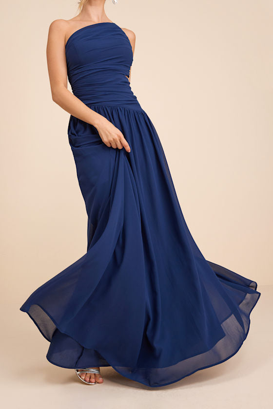 Marcela Navy Blue Ruched One-Shoulder Maxi Dress #Color_Navy Blue