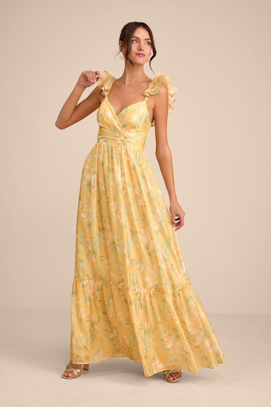 Soiree Perfection Yellow Floral Ruffled Tiered Maxi Dress #Color_Yellow Floral