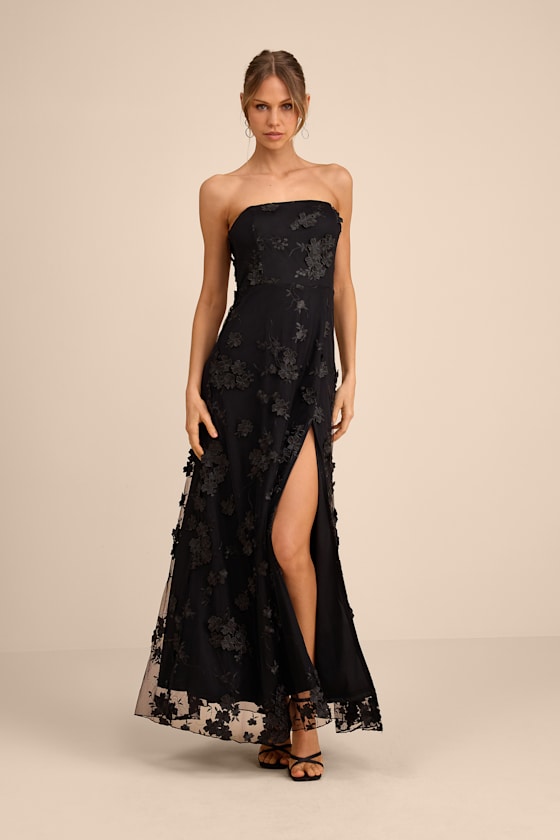 Rare Presence Black 3D Floral Embroidered Maxi Dress #Color_Black