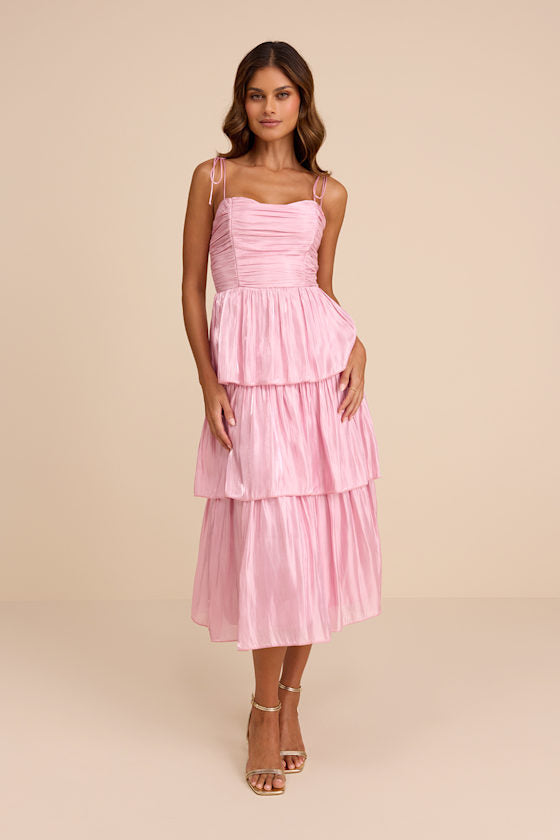 Tennon Olive Green Plisse Tiered Midi Dress