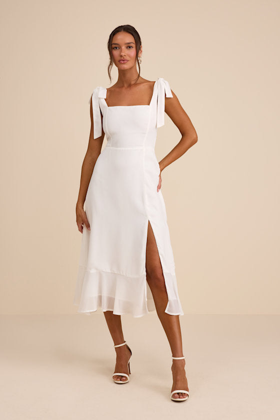 Summer Invite White and Pink Toile Tie-Strap Tiered Midi Dress