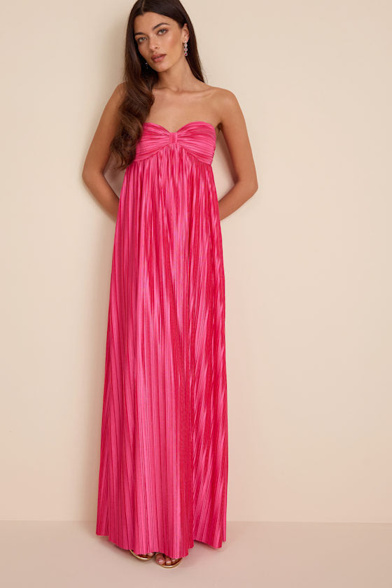 Whimsical Beauty Black Satin Plisse Strapless Maxi Dress