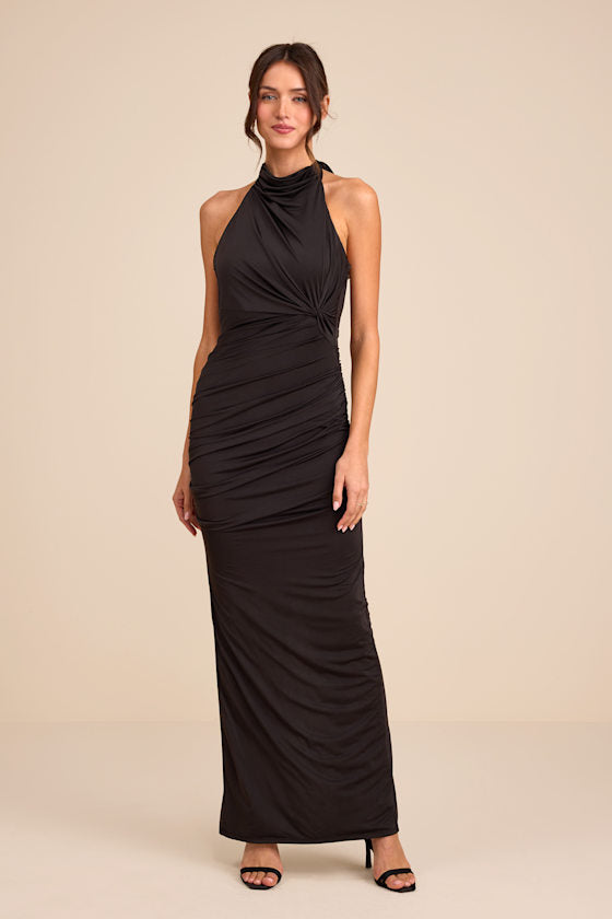 Seraiah Navy Knotted Ruched Halter Maxi Dress