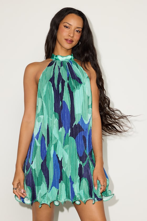 Vaivah Green Abstract Satin Plisse Mock Neck Swing Mini Dress #Color_Green Abstract