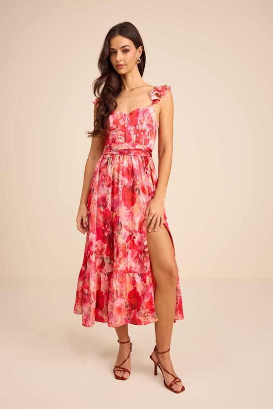 Sweet Like Sangria Pink Floral Ruffled Bustier Midi Dress #Color_Pink Floral