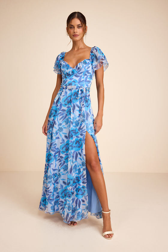 Sensationally Sweeter Blue Floral Ruffled Maxi Dress #Color_Blue