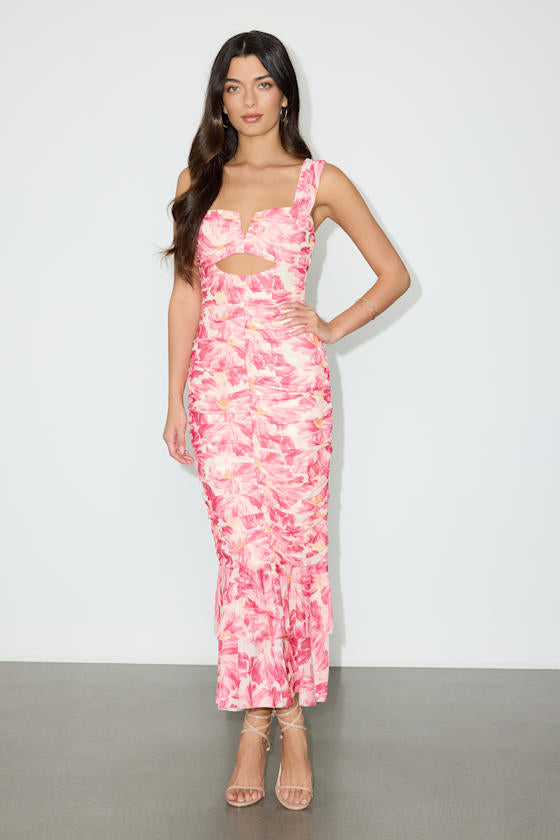 Aelara Turquoise Mesh Ruched Trumpet Midi Dress